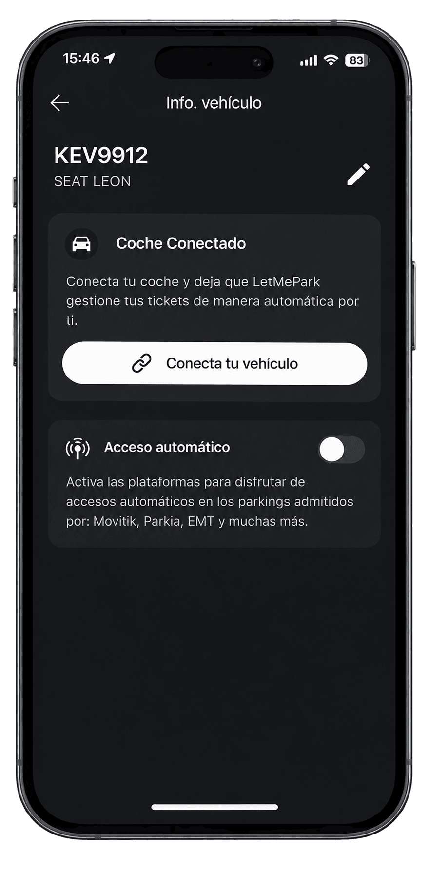 Pantalla de Coche Conectado y acceso automático en la app de LetMePark